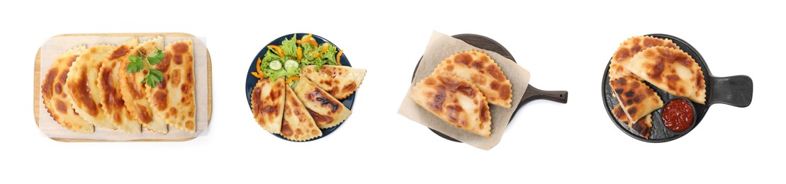 Image of Set with delicious fried chebureki on white background, top view. Banner design