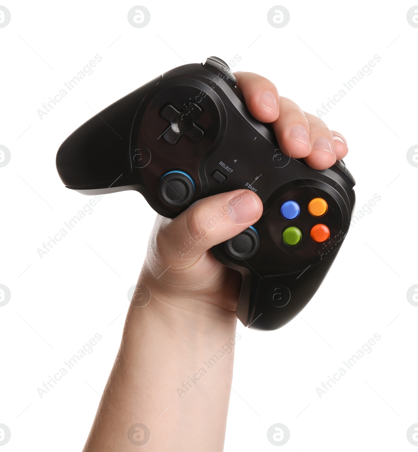 Photo of Woman holding wireless game controller on white background, closeup