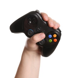 Photo of Woman holding wireless game controller on white background, closeup