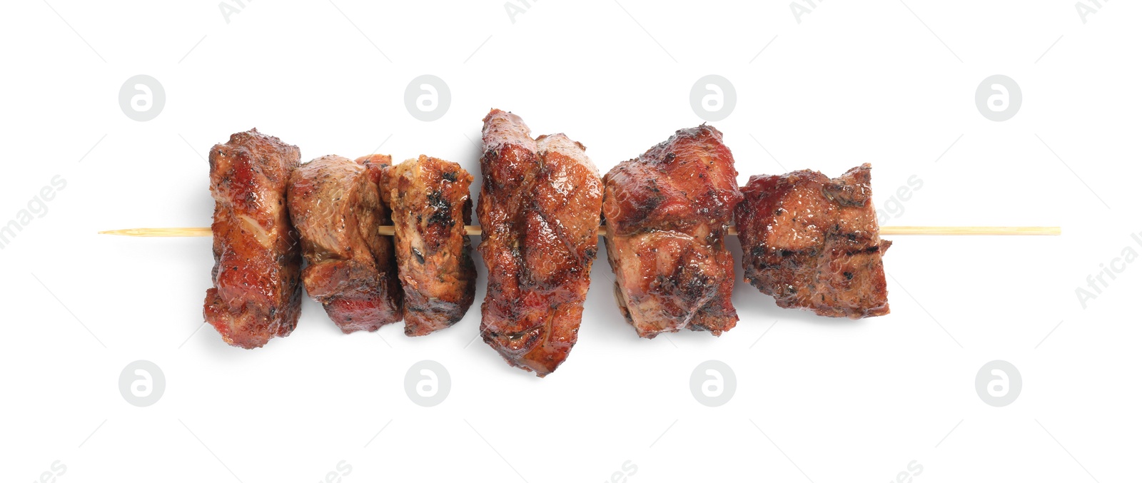Photo of Delicious shish kebab isolated on white, top view