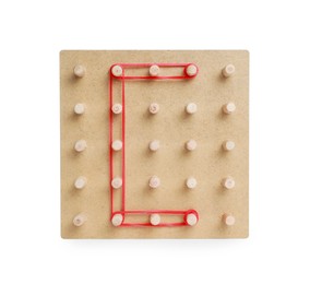 Photo of Wooden geoboard with letter C made of rubber bands isolated on white. Educational toy for motor skills development