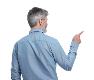 Photo of Mature businessman in stylish clothes posing on white background, back view