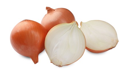 Photo of Whole and cut onions on white background