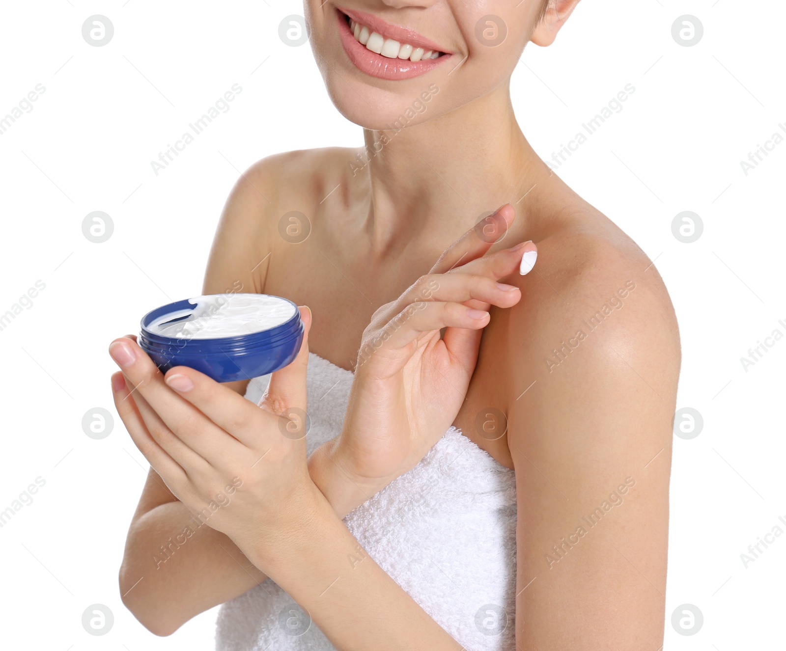 Photo of Young woman with jar of body cream on white background