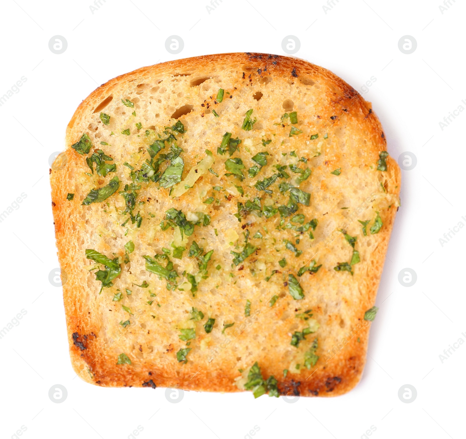 Photo of Slice of toasted bread with garlic and herbs isolated on white, top view