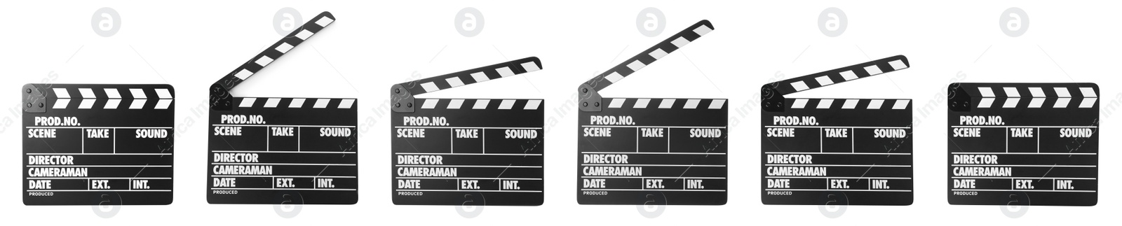 Image of Set of clapper boards on white background, banner design. Cinema production