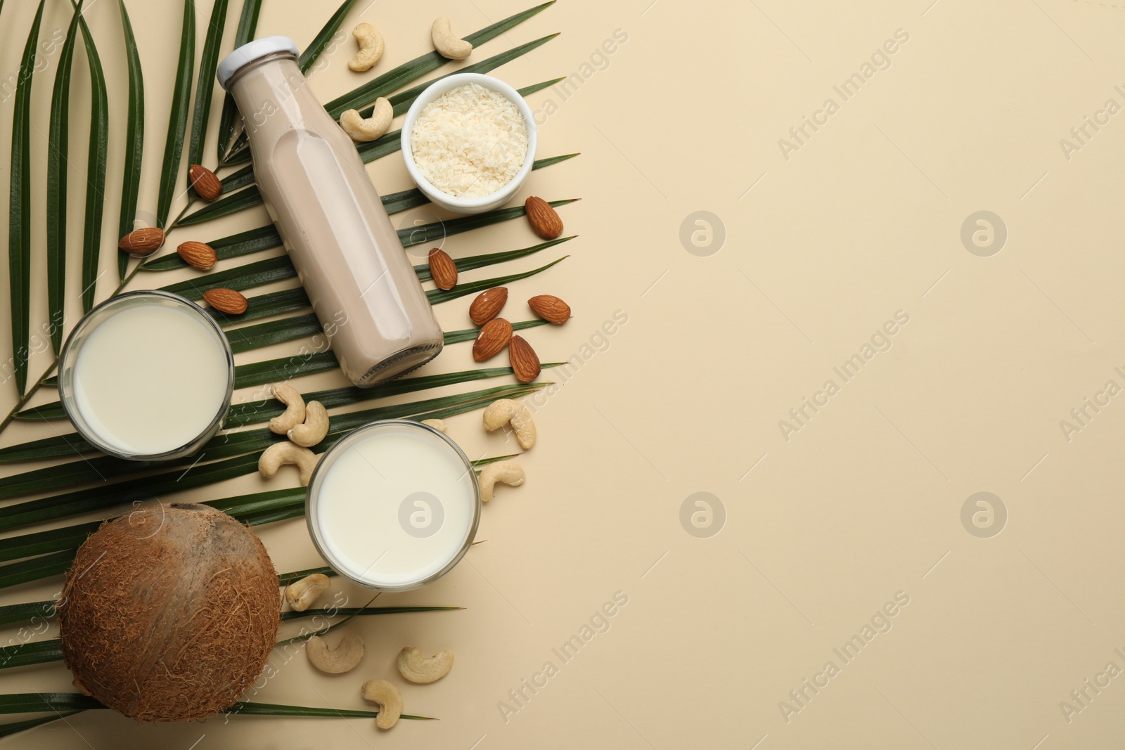 Photo of Different vegan milks and ingredients on beige background, flat lay. Space for text