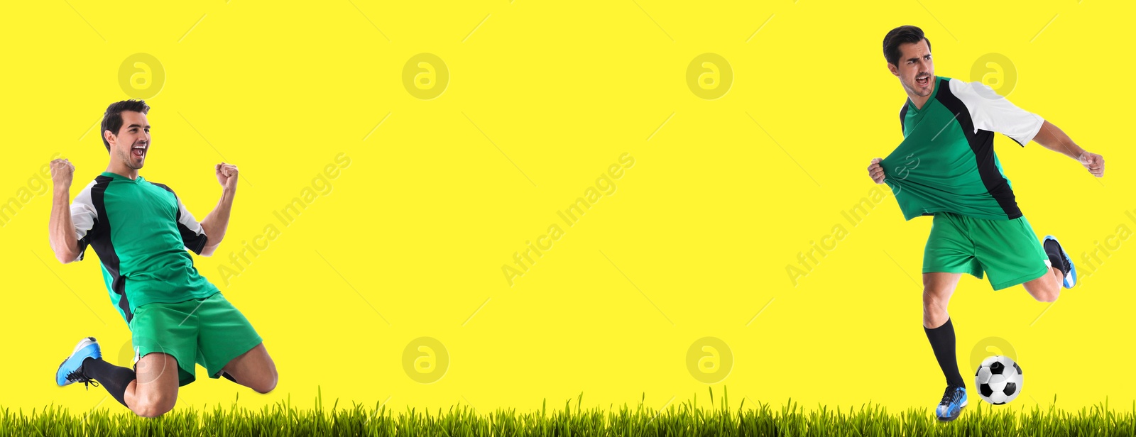 Image of Young man playing football on yellow background, space for text. Banner design