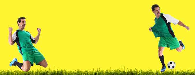 Young man playing football on yellow background, space for text. Banner design