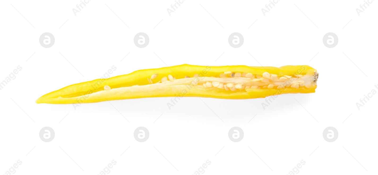 Photo of Slice of ripe chili pepper on white background, top view