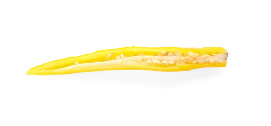 Photo of Slice of ripe chili pepper on white background, top view