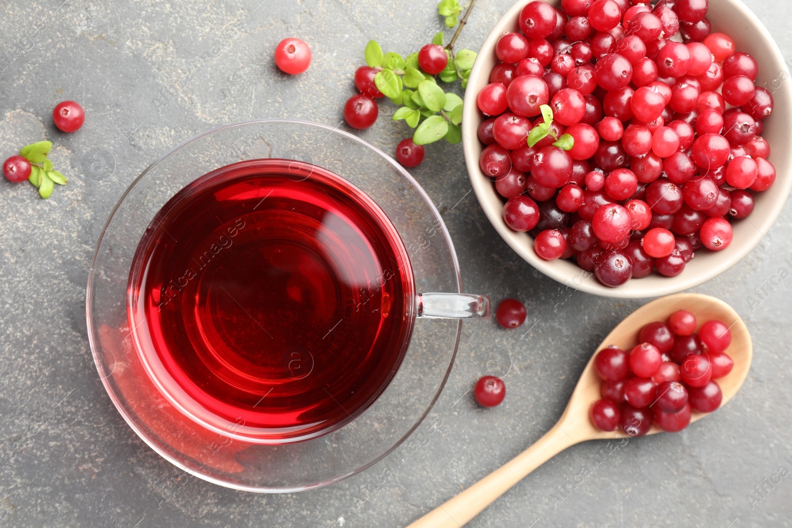 Photo of Tasty hot cranberry tea in glass cup and fresh berries on light grey textured table