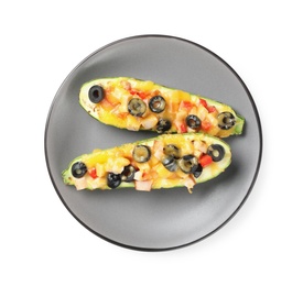 Photo of Plate of baked stuffed zucchinis on white background, top view