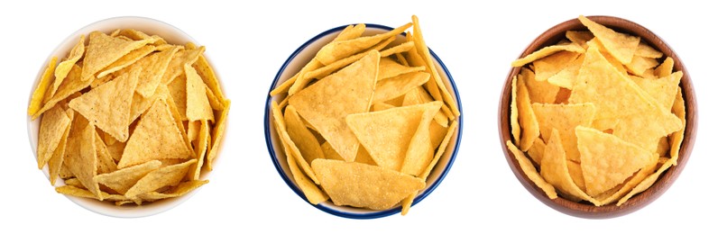 Image of Set with tasty tortilla chips (nachos) on white background, top view. Banner design