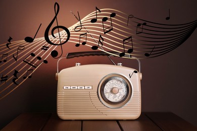 Image of Staff with music notes and other musical symbols flowing over retro radio on brown background
