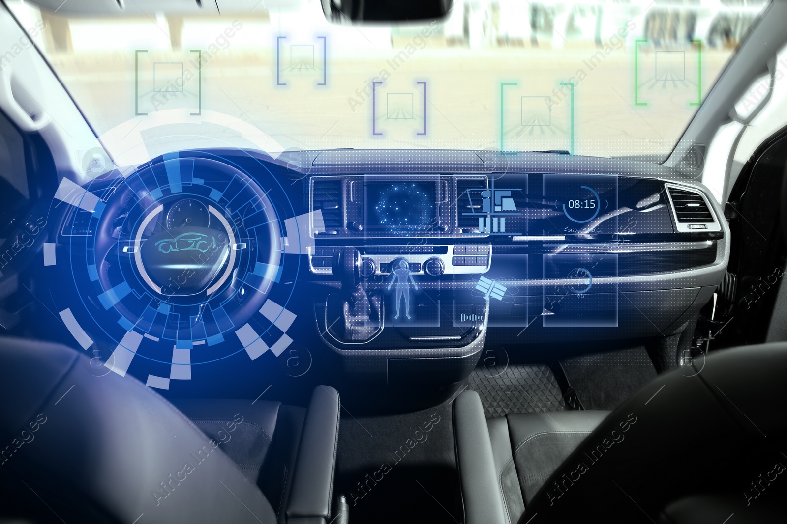 Image of Futuristic technology. Car interior with graphical user interface