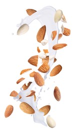 Image of Delicious almond milk and nuts on white background