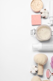 Photo of Bath accessories. Flat lay composition with personal care products on white background, space for text