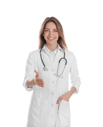 Photo of Happy female doctor offering handshake on white background