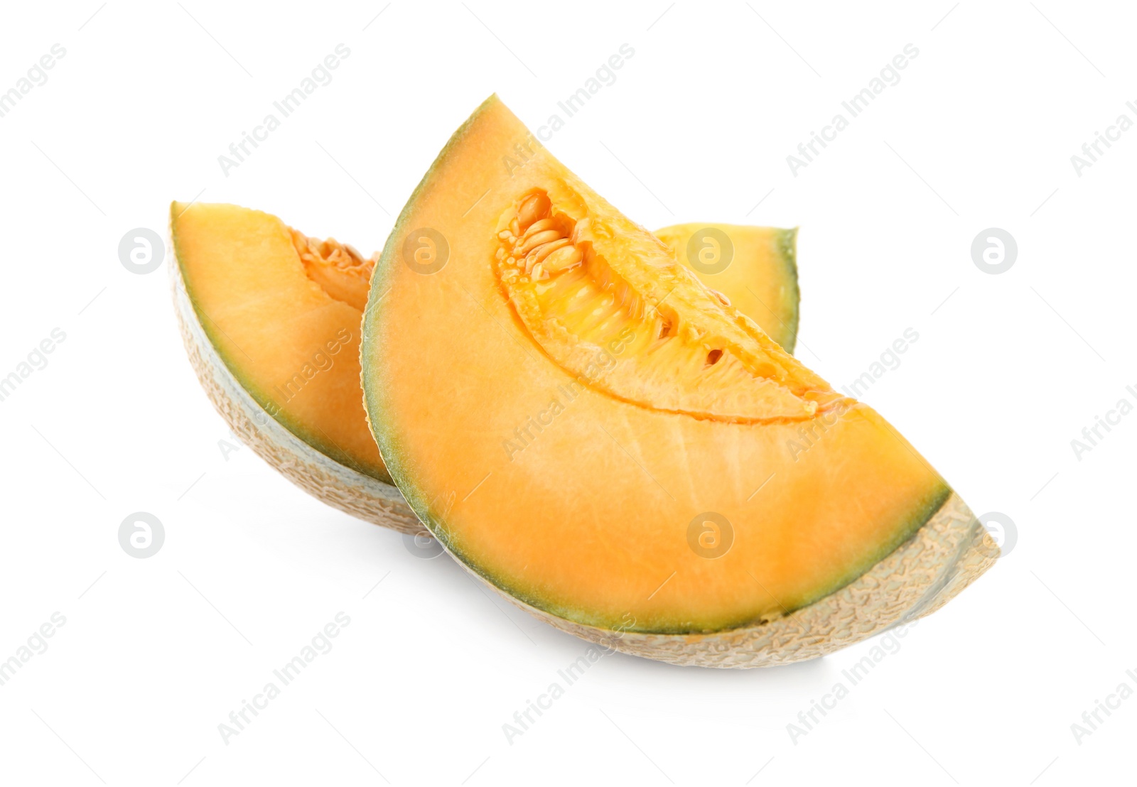 Photo of Cut tasty fresh melon isolated on white