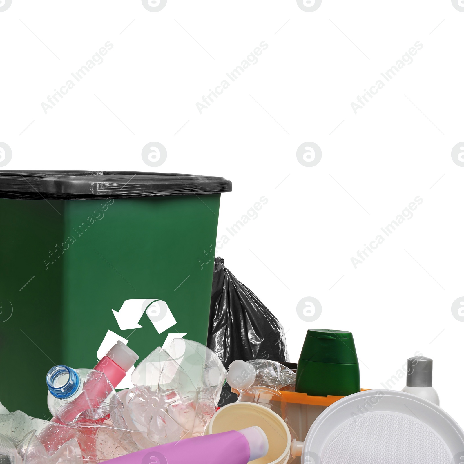 Image of Waste bin surrounded by garbage on white background