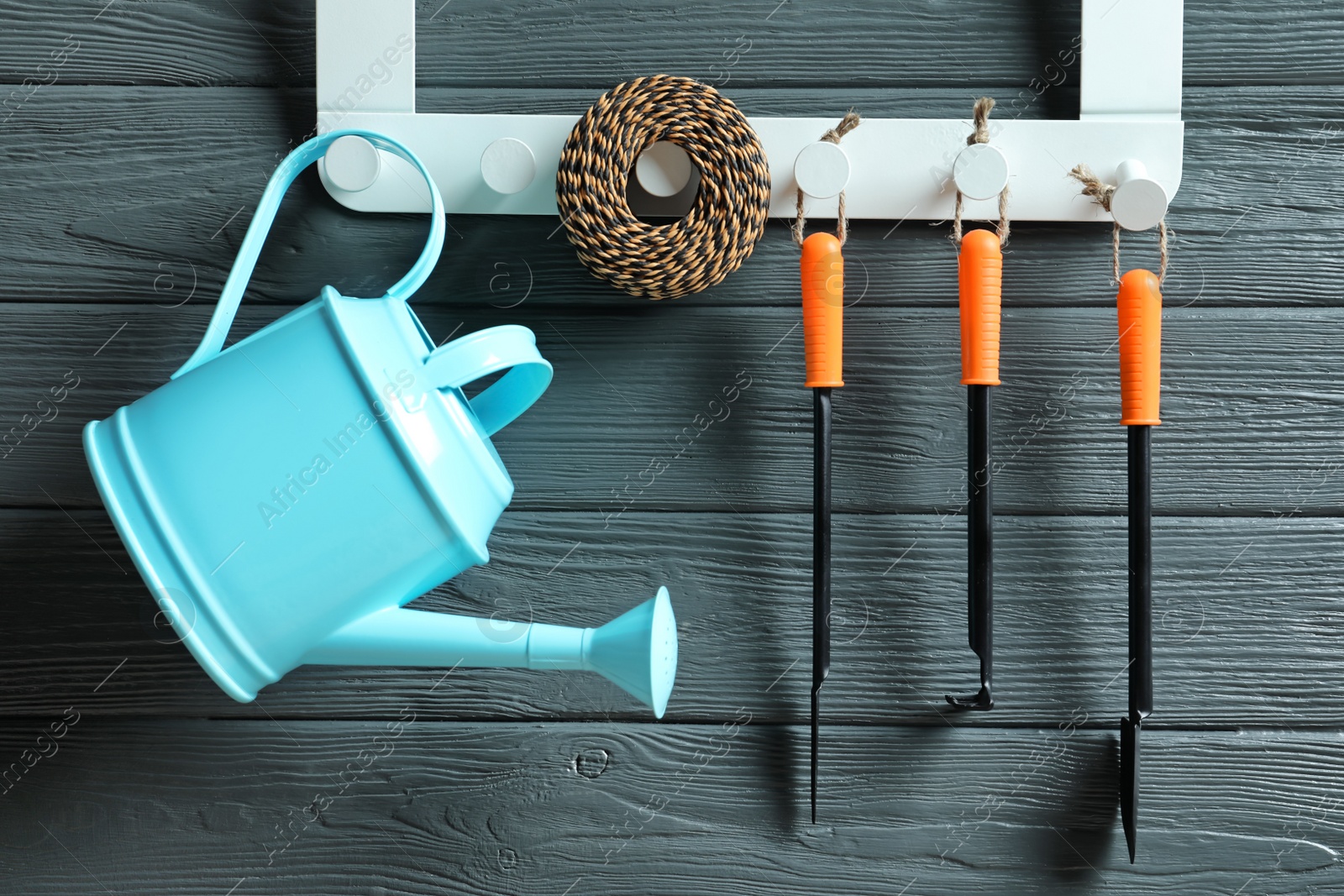 Photo of Set of professional gardening tools hanging on wooden wall