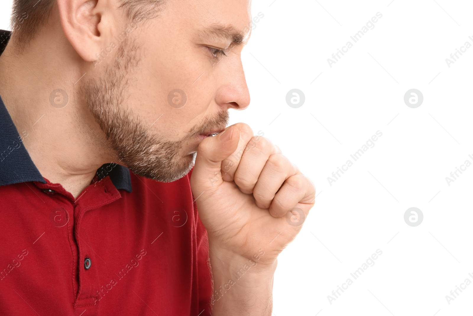 Photo of Man suffering from cough isolated on white, closeup