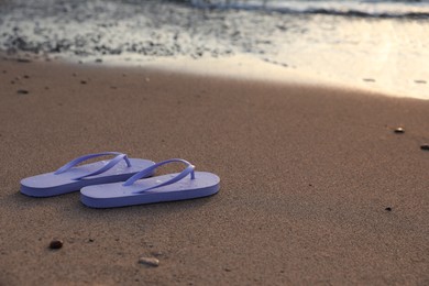 Stylish lilac flip flops on sand near sea. Space for text