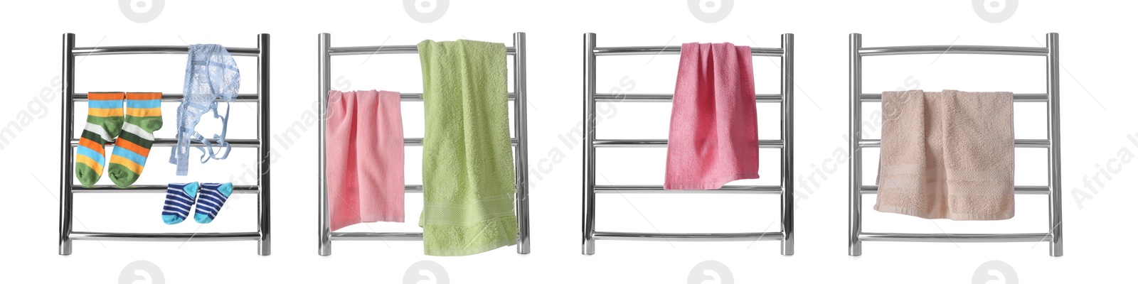 Image of Set with modern heated towel rails with clothes and towels on white background. Banner design