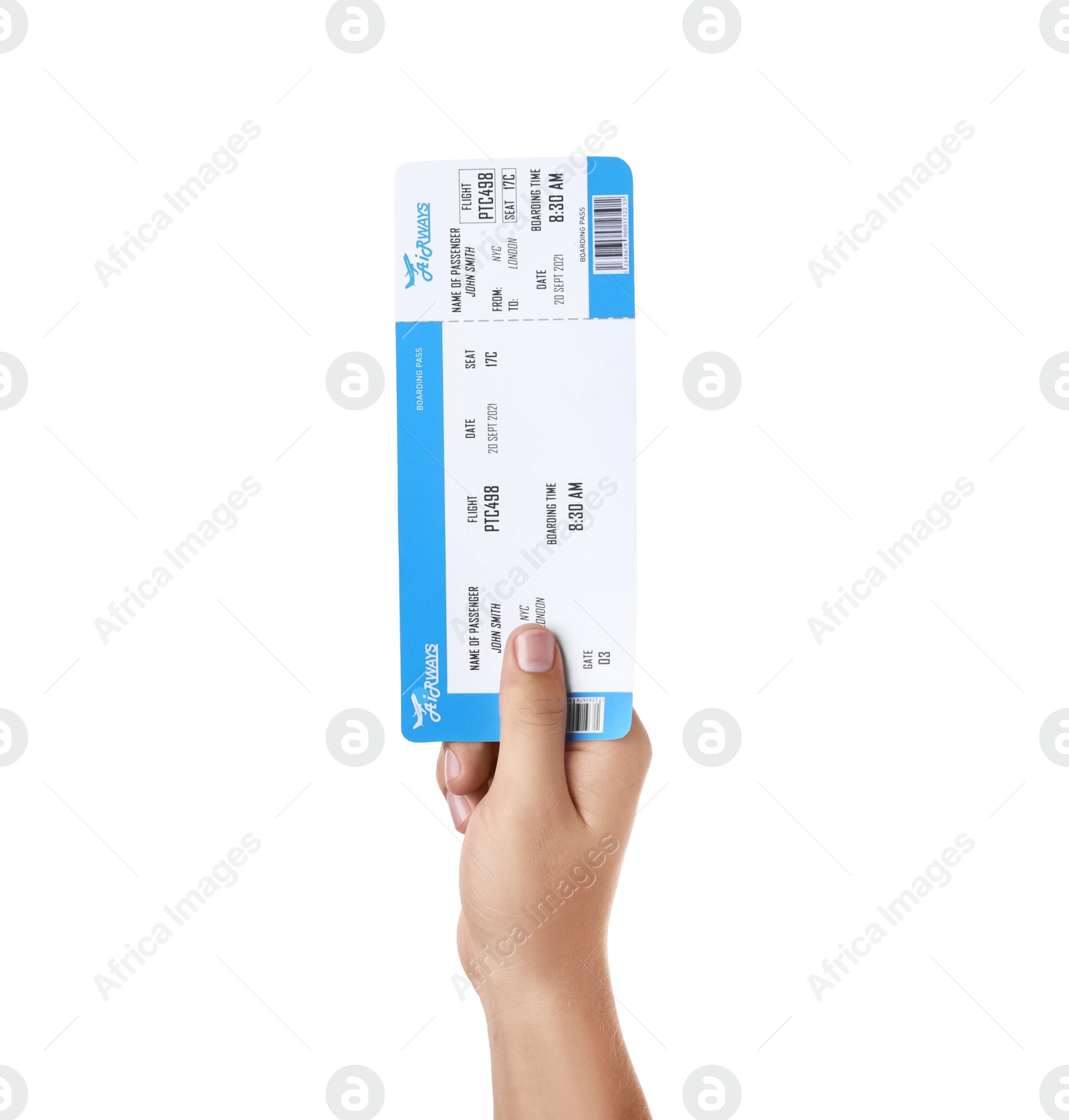 Photo of Woman holding ticket on white background, closeup. Travel agency concept