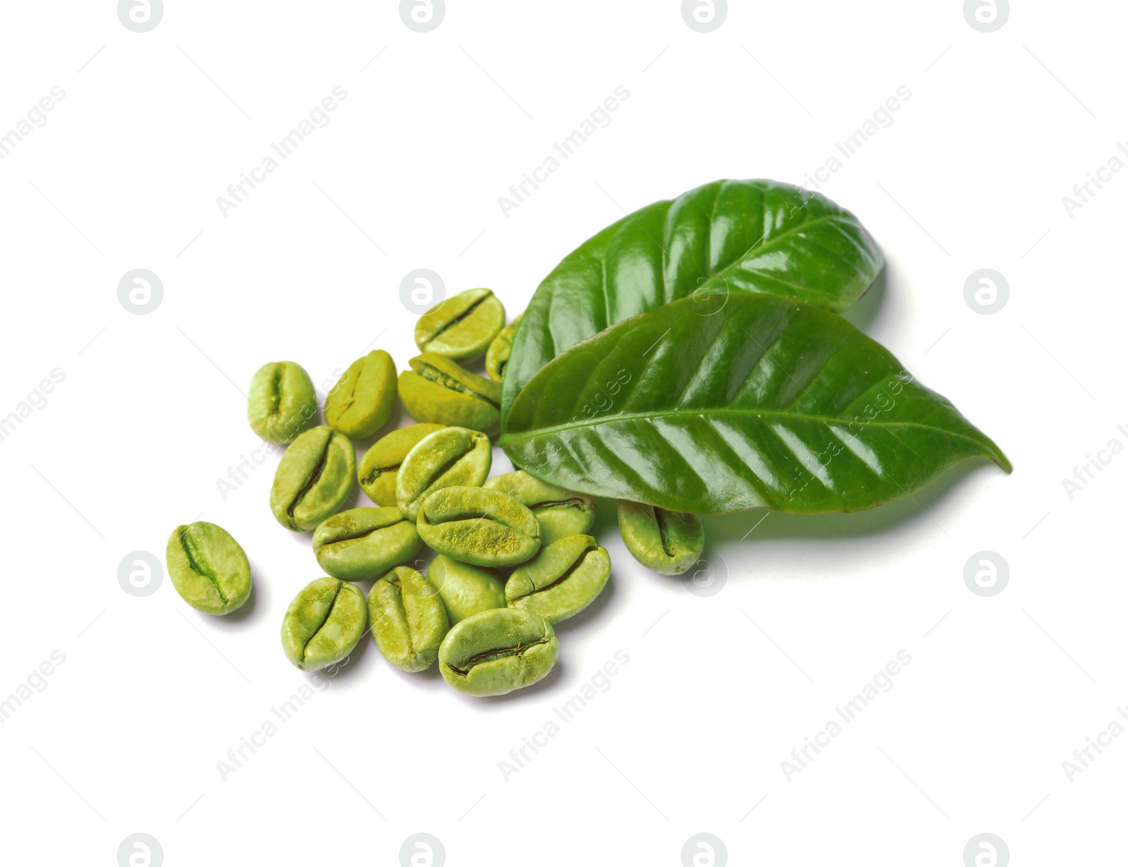 Photo of Green coffee beans and fresh leaves on white background