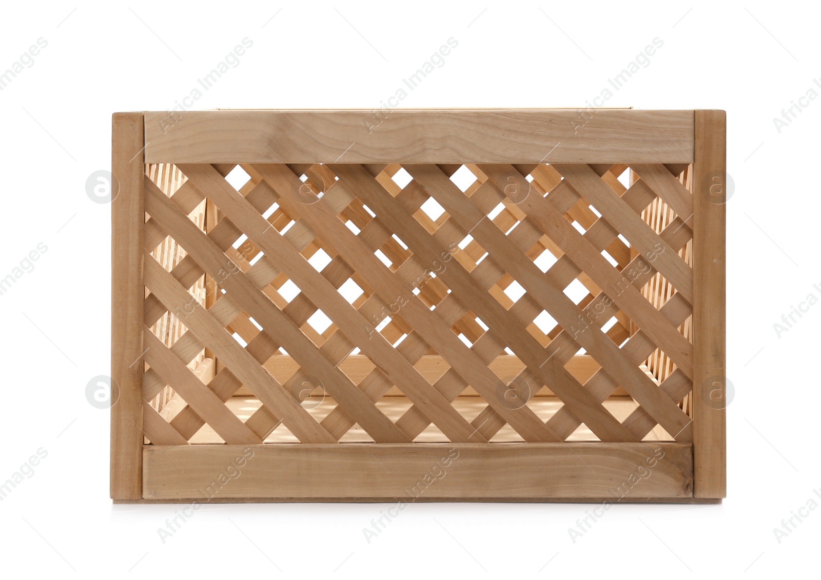 Photo of Empty open wooden crate isolated on white