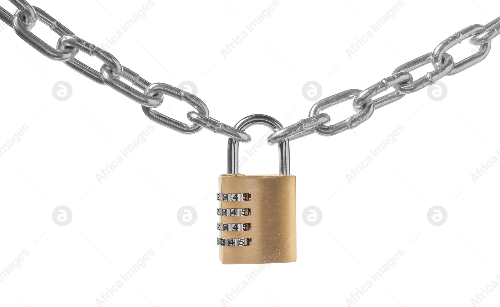 Photo of Steel combination padlock and chain isolated on white