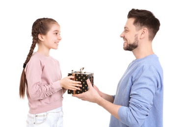Photo of Man receiving gift for Father's Day from his daughter on white background