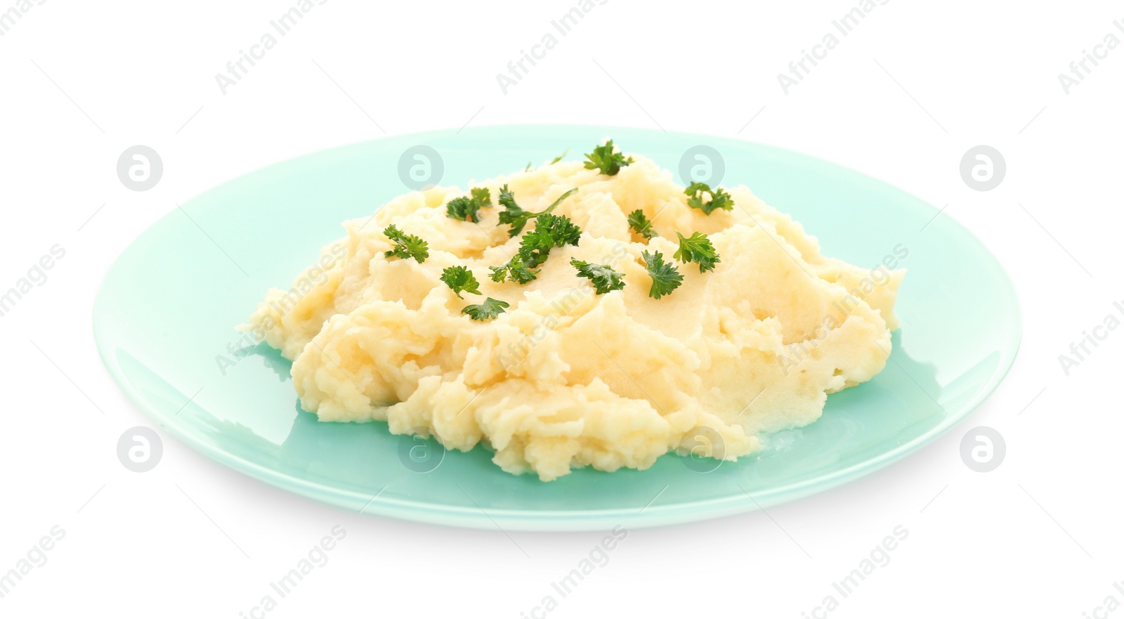 Photo of Plate with tasty mashed potatoes on white background