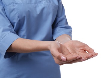 Photo of Doctor holding something on white background, closeup