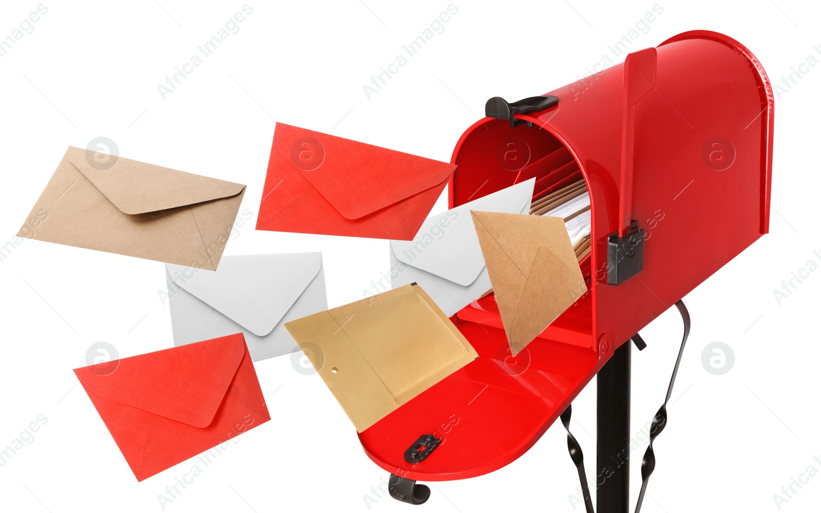 Image of Different color envelopes flying out from red letter box on white background