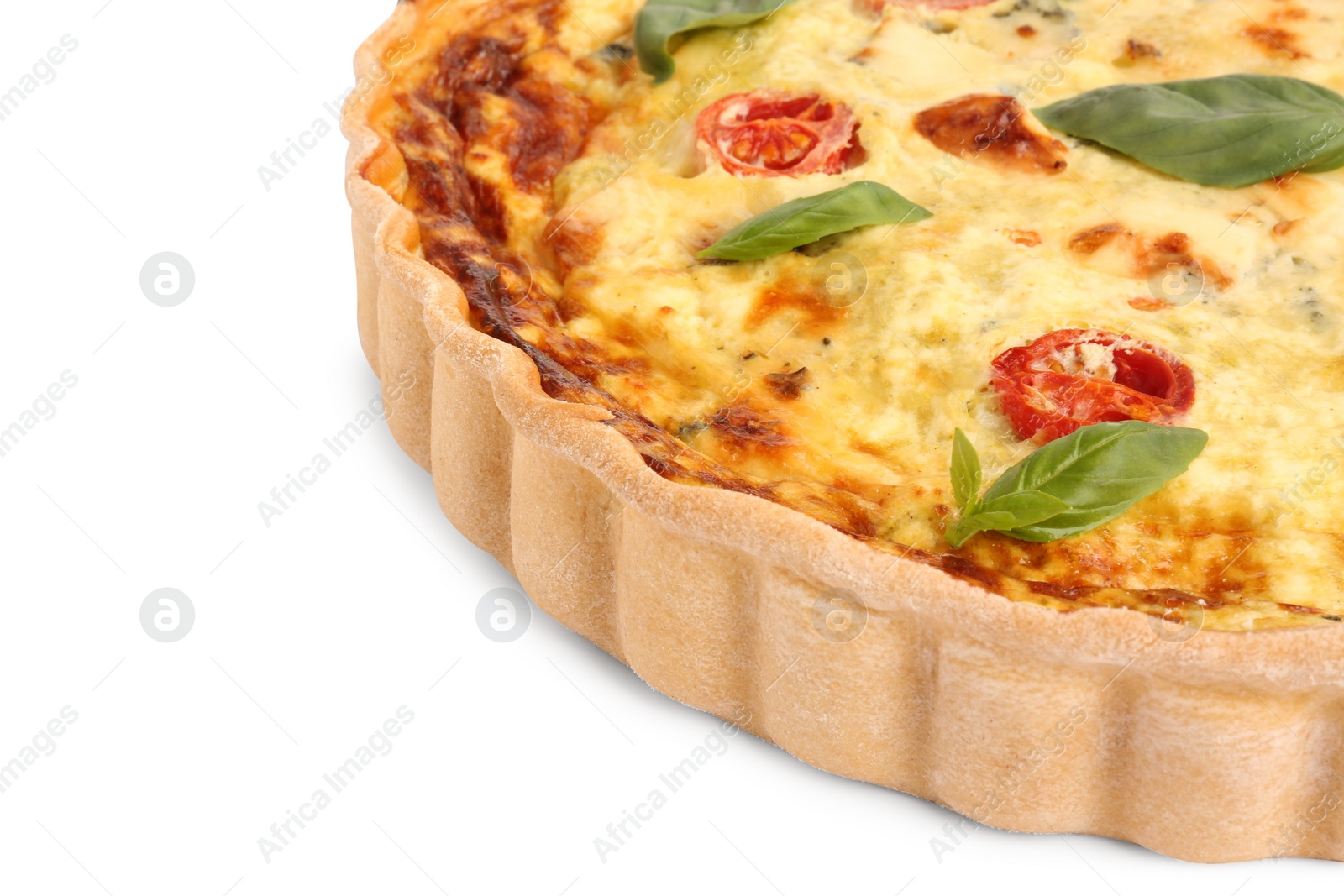 Photo of Delicious quiche with cheese, tomatoes and basil isolated on white