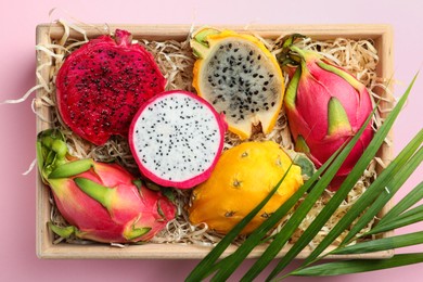 Photo of Delicious cut and whole dragon fruits in crate on pink background, top view