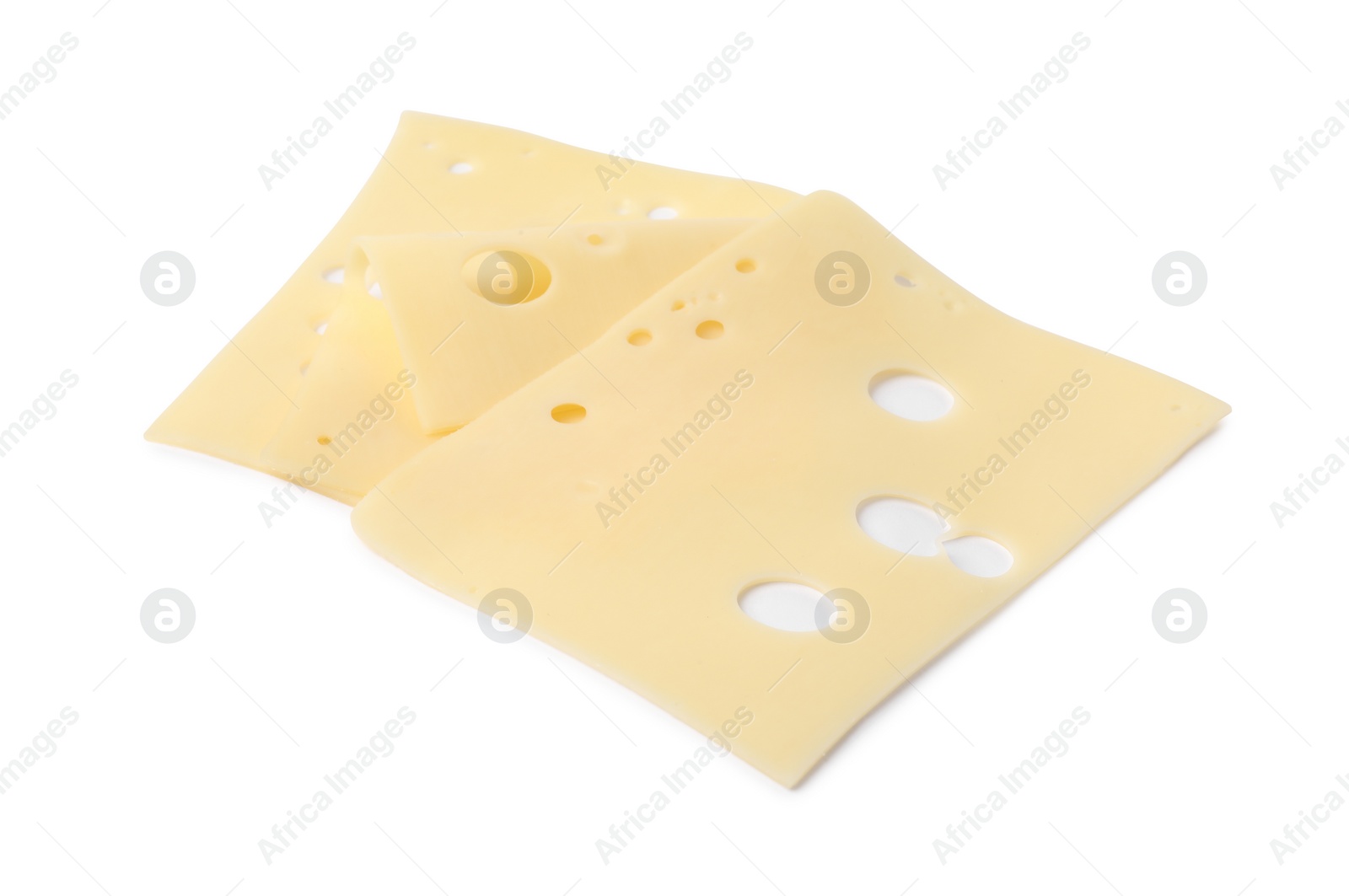 Photo of Slices of tasty fresh cheese isolated on white