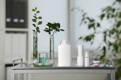 Many containers and glass tubes with leaves on white table indoors