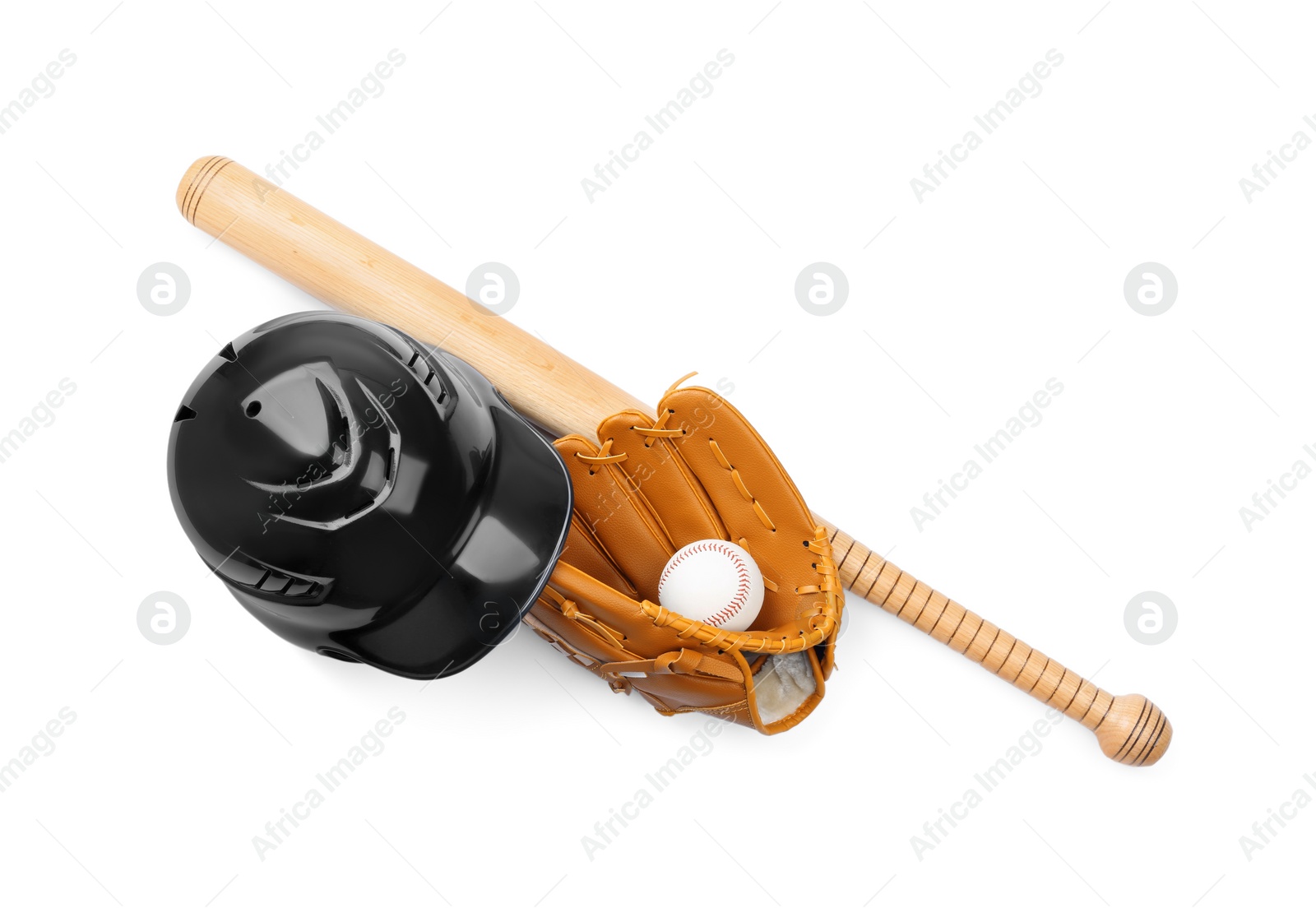 Photo of Baseball glove, bat, ball and batting helmet isolated on white, top view