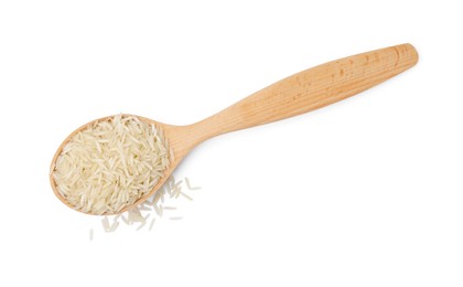 Wooden spoon with raw rice isolated on white, top view