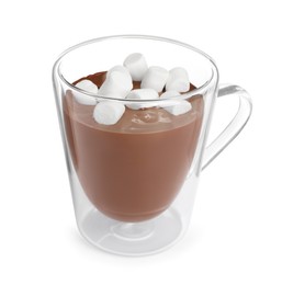 Glass cup of delicious hot chocolate with marshmallows on white background