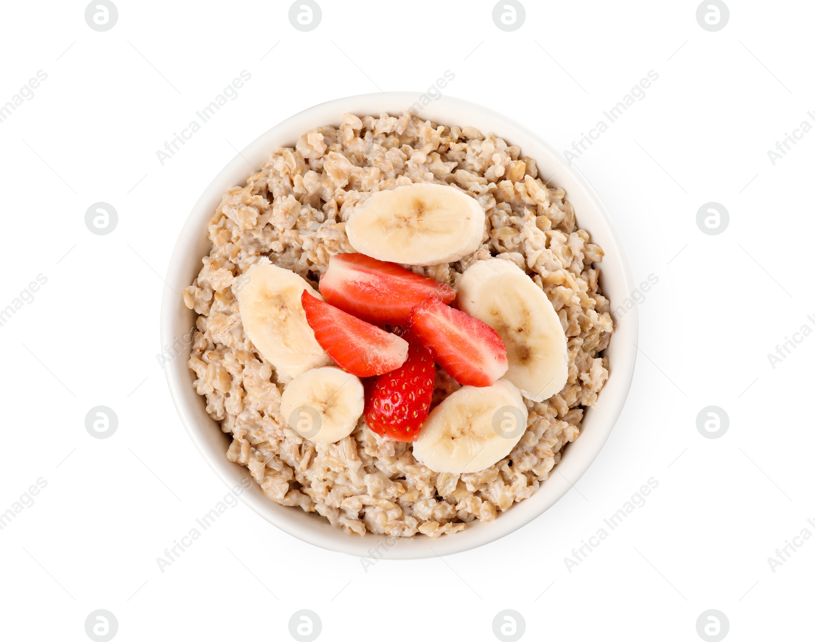 Photo of Tasty boiled oatmeal with strawberry and banana in bowl isolated on white, top view