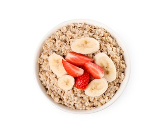 Photo of Tasty boiled oatmeal with strawberry and banana in bowl isolated on white, top view