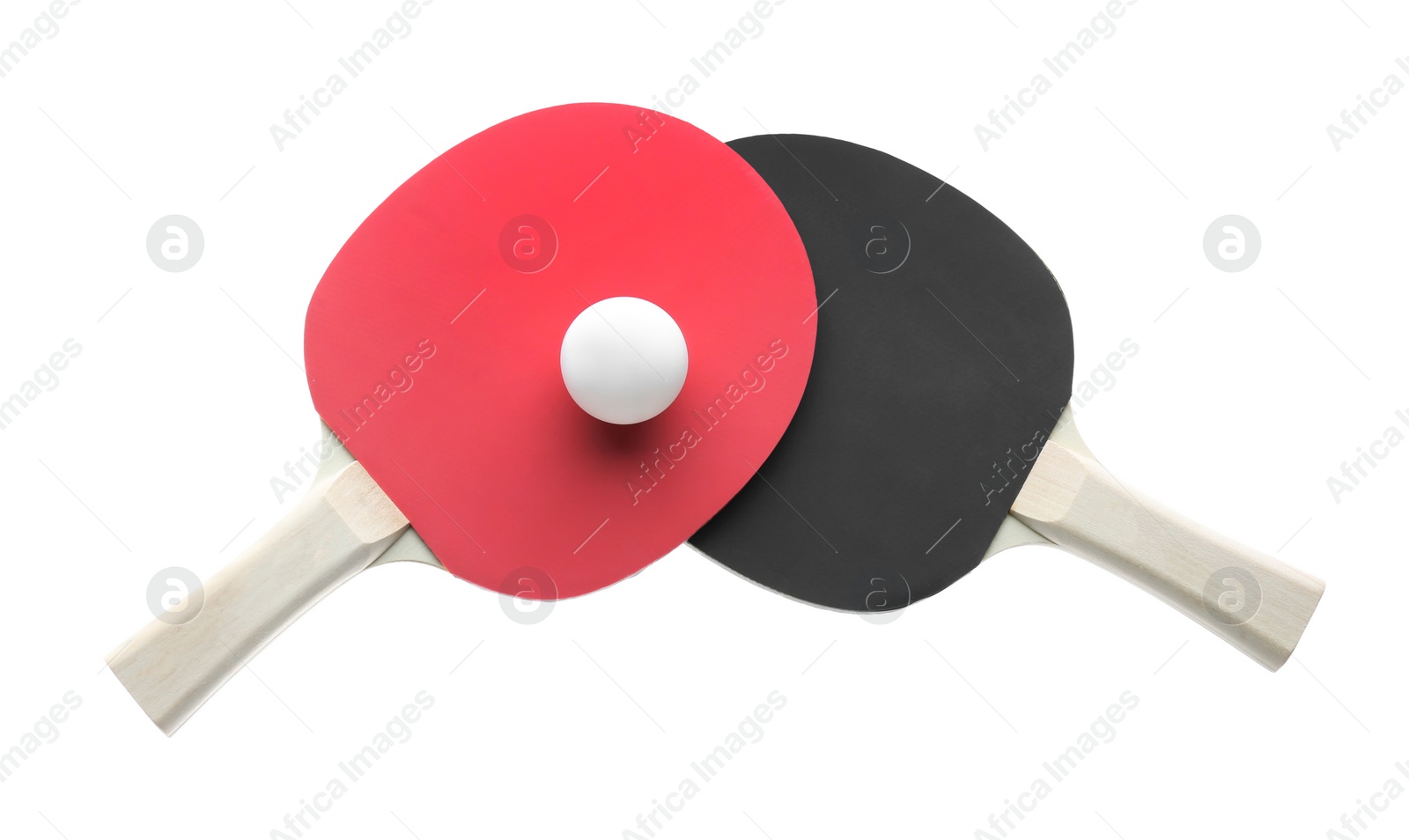 Photo of Ping pong rackets and ball isolated on white, top view