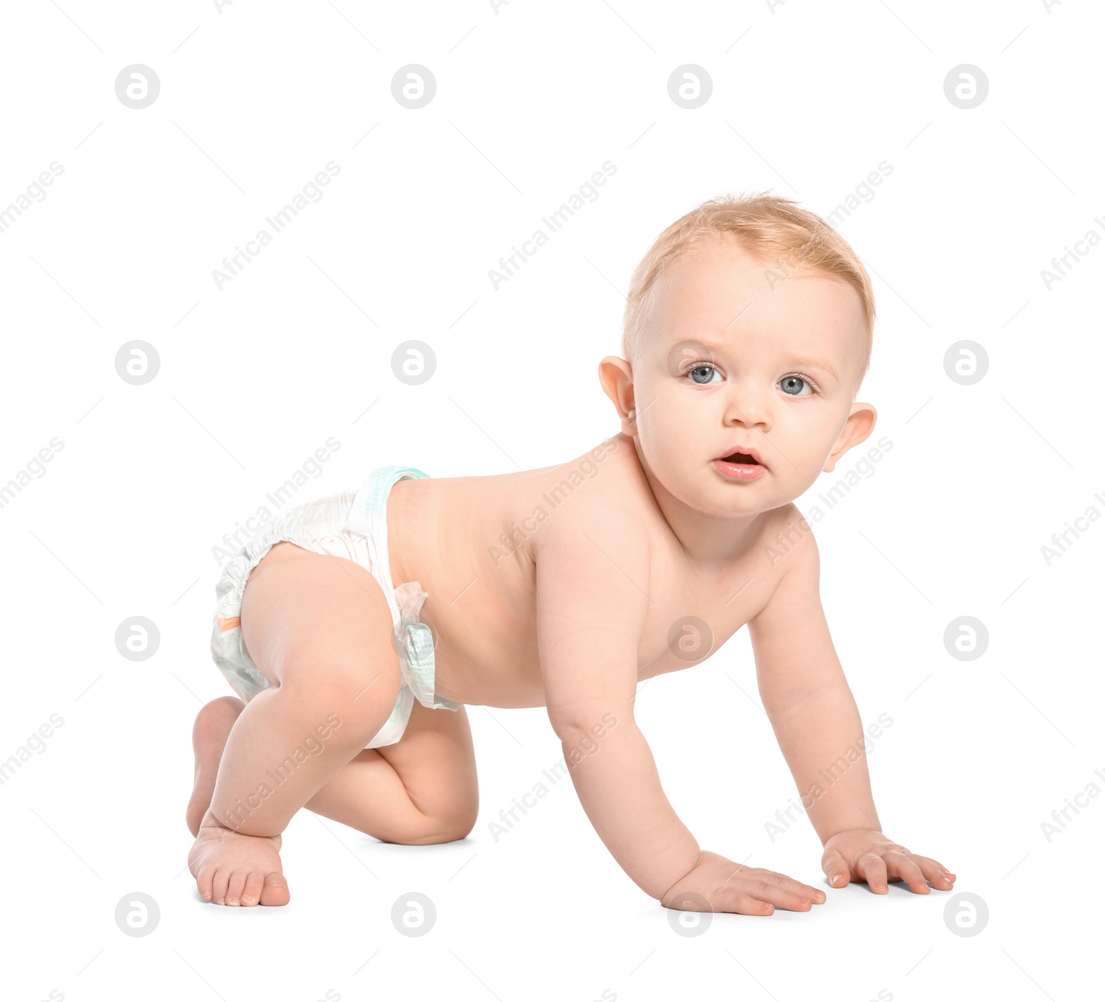 Photo of Cute little baby crawling on white background