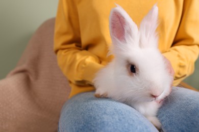 Photo of Woman with fluffy white rabbit, closeup. Cute pet