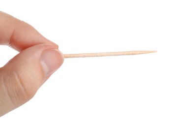 Photo of Woman with wooden toothpick on white background, closeup